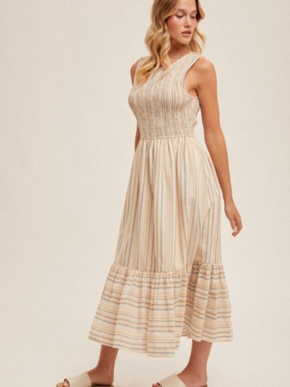 HEM & THREAD Smocked Tiered Mixed Striped Midi Dress Size S NWT - Picture 3 of 4